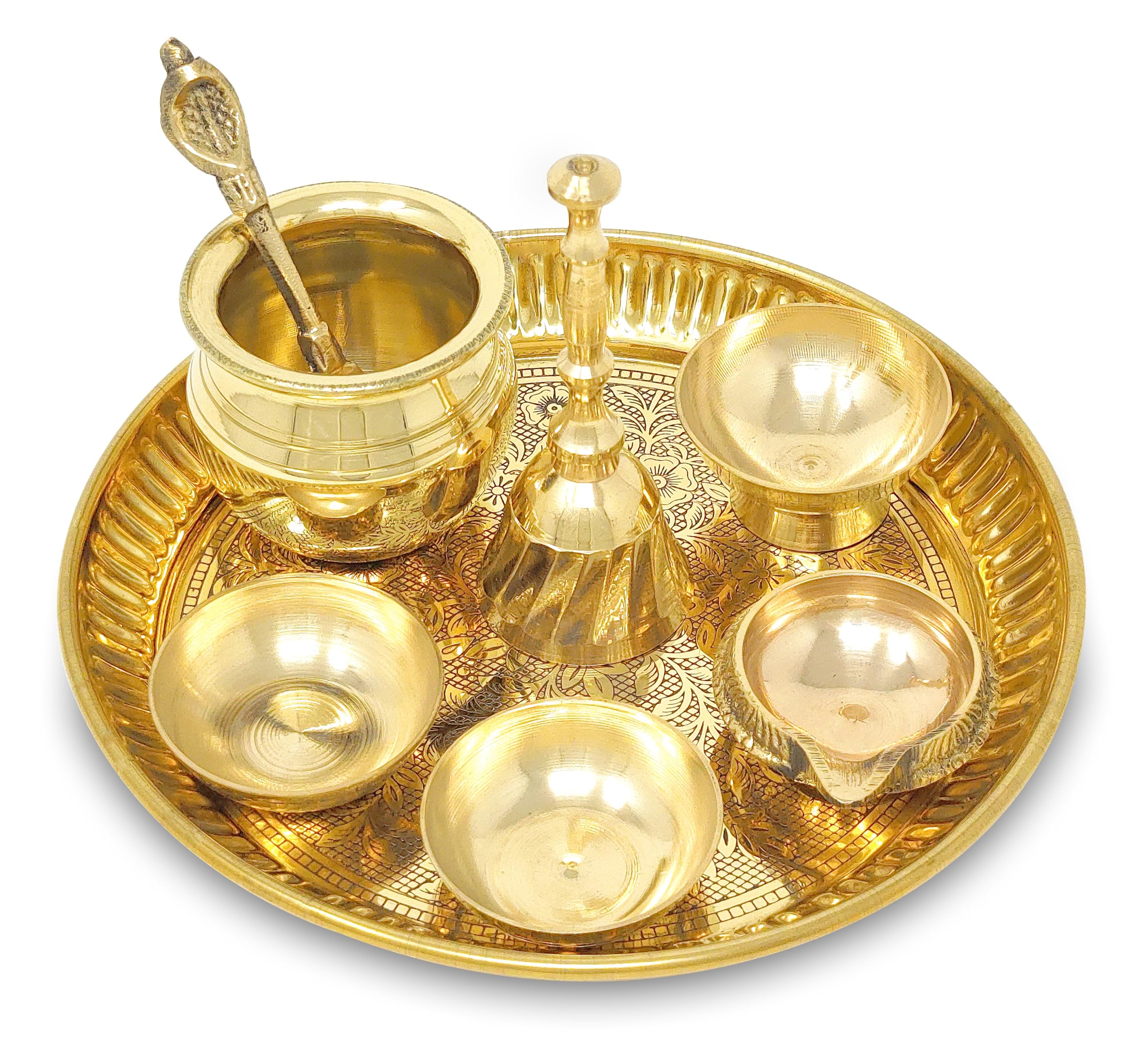 Photo 1 of BENGALEN Pooja Thali Set Brass Small 6 Inch Puja Thali with Pital Plate Chandan Wati Kalash Kuber Diya Ghanti Palli Arti Thali for Diwali Home Office Mandir Wedding Return Gift Items