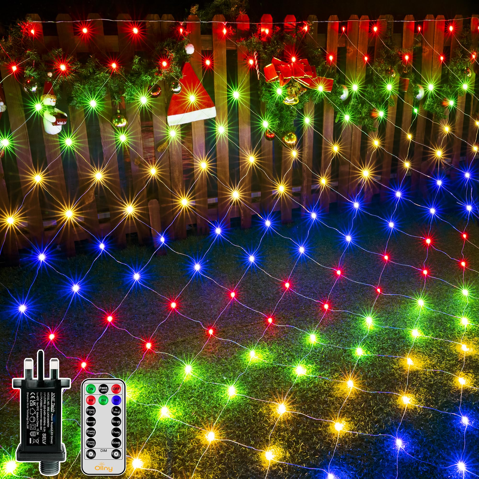 Ollny Net Lights Outdoor Indoor, 200 LED 3m x 2m Mesh Fairy Lights Plug in, Waterproof String Lights with 8 Light Modes/Timer/Remote, for Outside/Garden/Window/Gazebo Decorations, Multicoloured