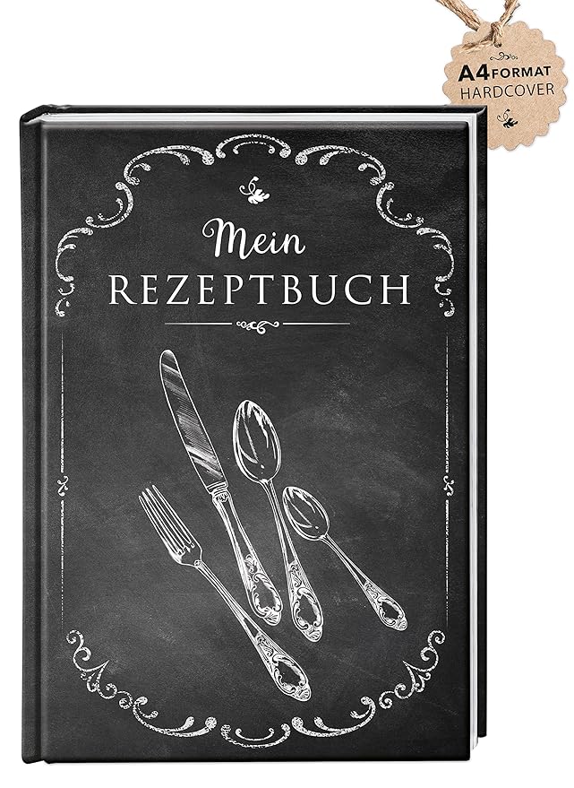 Rezeptbuch zum Selberschreiben KOCHBUCH Hardcover'Mein Rezeptbuch' SCHWARZ anthrazit Kreide Tafel Vintage Look Besteck • lini