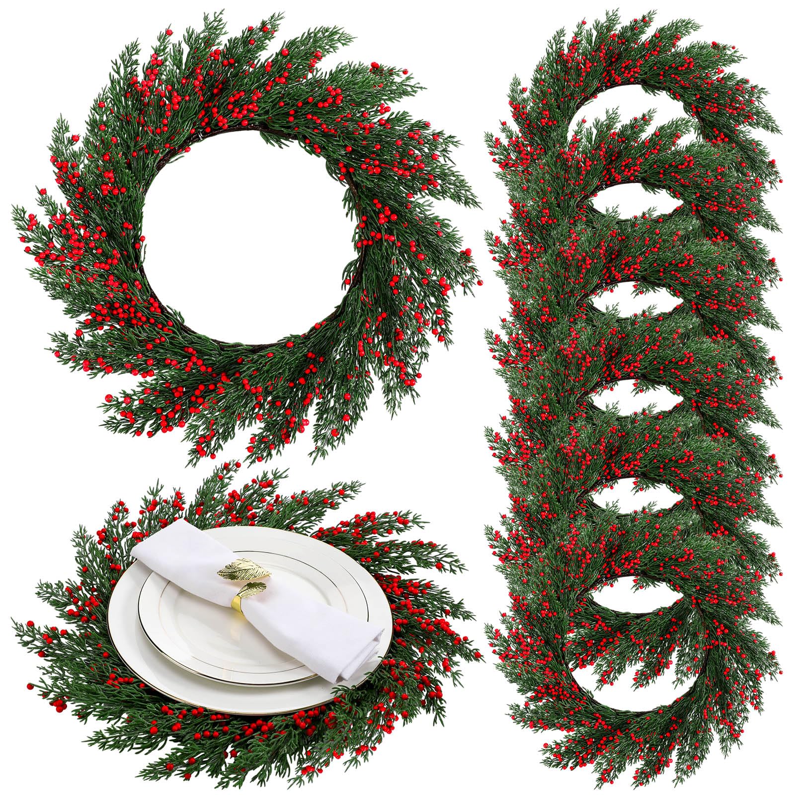 Photo 1 of Gandeer Christmas Placemats Set of 6 Round Greenery Place Mats Xmas Circular Artificial Wreath Dining Table Decor Winter Fake Plants Branches Mats for Kitchen Accessories (Cedar and Holly Berries)