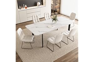HIPIHOM Extendable Dining Table Set for 6-8 People, 63 to 78.7 Inch MDF Kitchen Table with 6 Upholstered Chairs, Space-Saving for Dining Room, Breakfast Nook(White Table & 6 U-Shaped White Chairs)