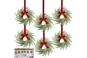 GRANDEAL 6 Pack Small Christmas Wreaths for Cabinets Kitchen,12 Inch Mini Wreaths with Soft Cypress Pine Tips Red Christmas Bows Hanging Decorations for Window Mantel Stairs Wall Home Xmas Decor Indoor