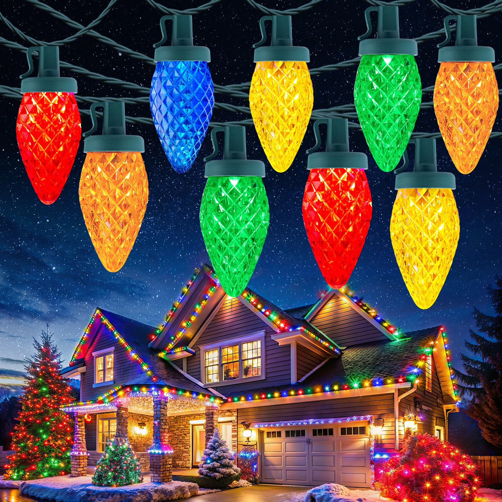 Photo 1 of C9 Christmas Lights Outdoor, 114 Feet 150 LED C9 String Lights with Timer & 8 Light Modes, Waterproof Commercial Grade Connectable Christmas Tree Lights for Indoor Outside Roofline Patio, Multicolor