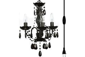 gypsy color The Original Brink House Plug-in 3 Light Black Hanging Swag Chandelier H17”xW12”, Black Metal Frame, Glass Stem and Acrylic Crystals