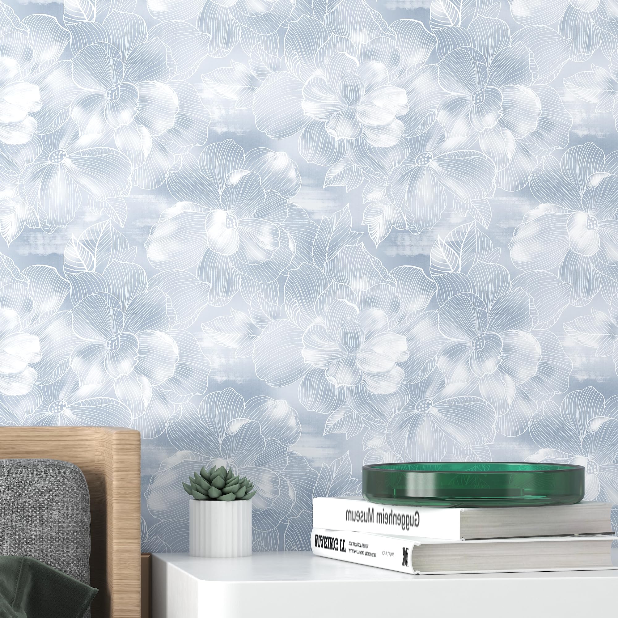 Photo 1 of tiltil Peel and Stick Wallpaper Flower Blue and White Contact Paper Boho 17.7"x78.8" Self Adhesive Wallpaper Removable Modern Decorative Wall Paper for Bedroom Countertops Cabinet Decor Vinyl Roll