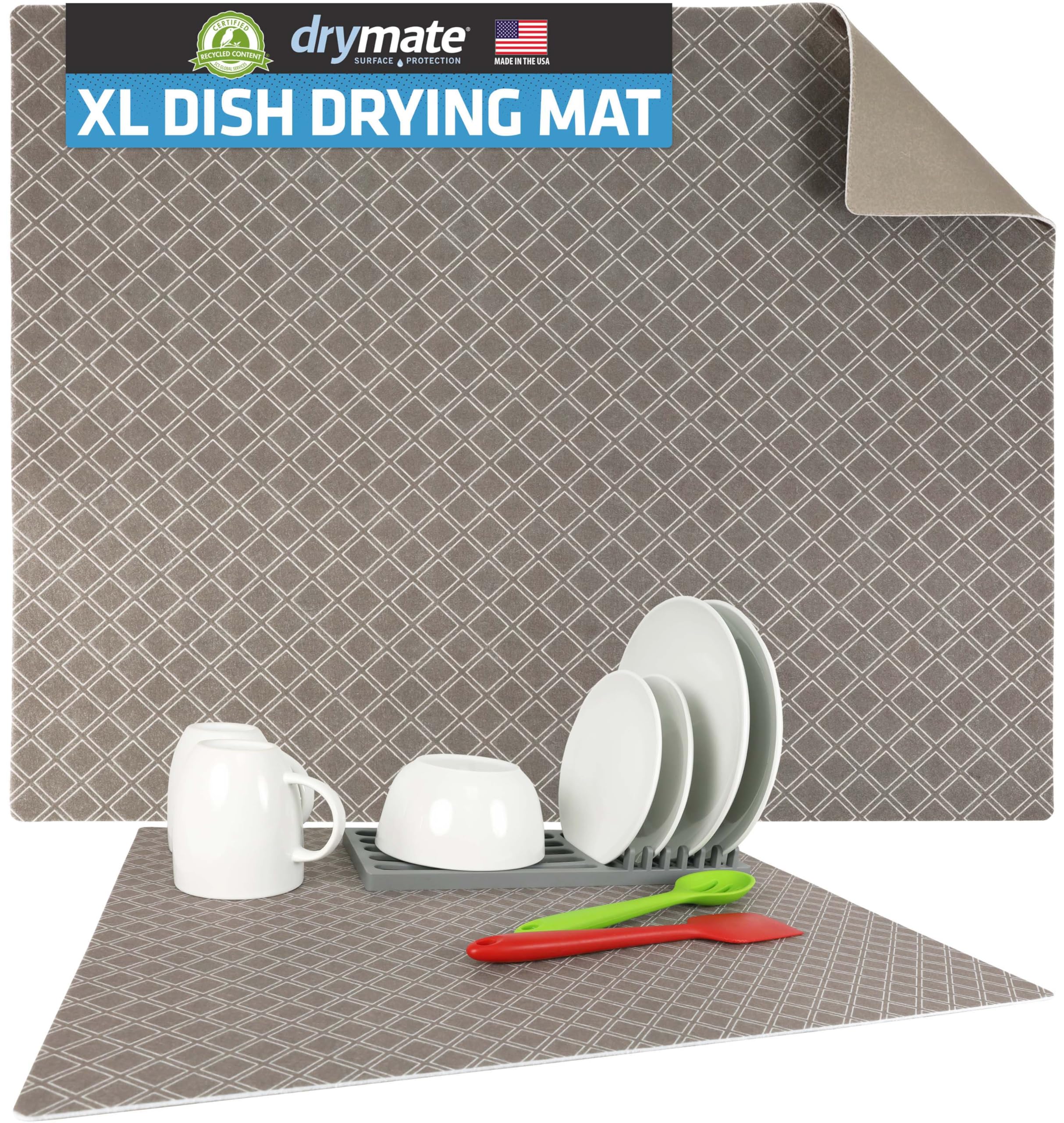 Drymate Dish Drying Mat, Premium XL (19 Inches x 24 Inches) Kitchen Dish Drying Pad – Absorbent/Waterproof – Machine Washable (Made in The USA) (Taupe Diamond Squares)
