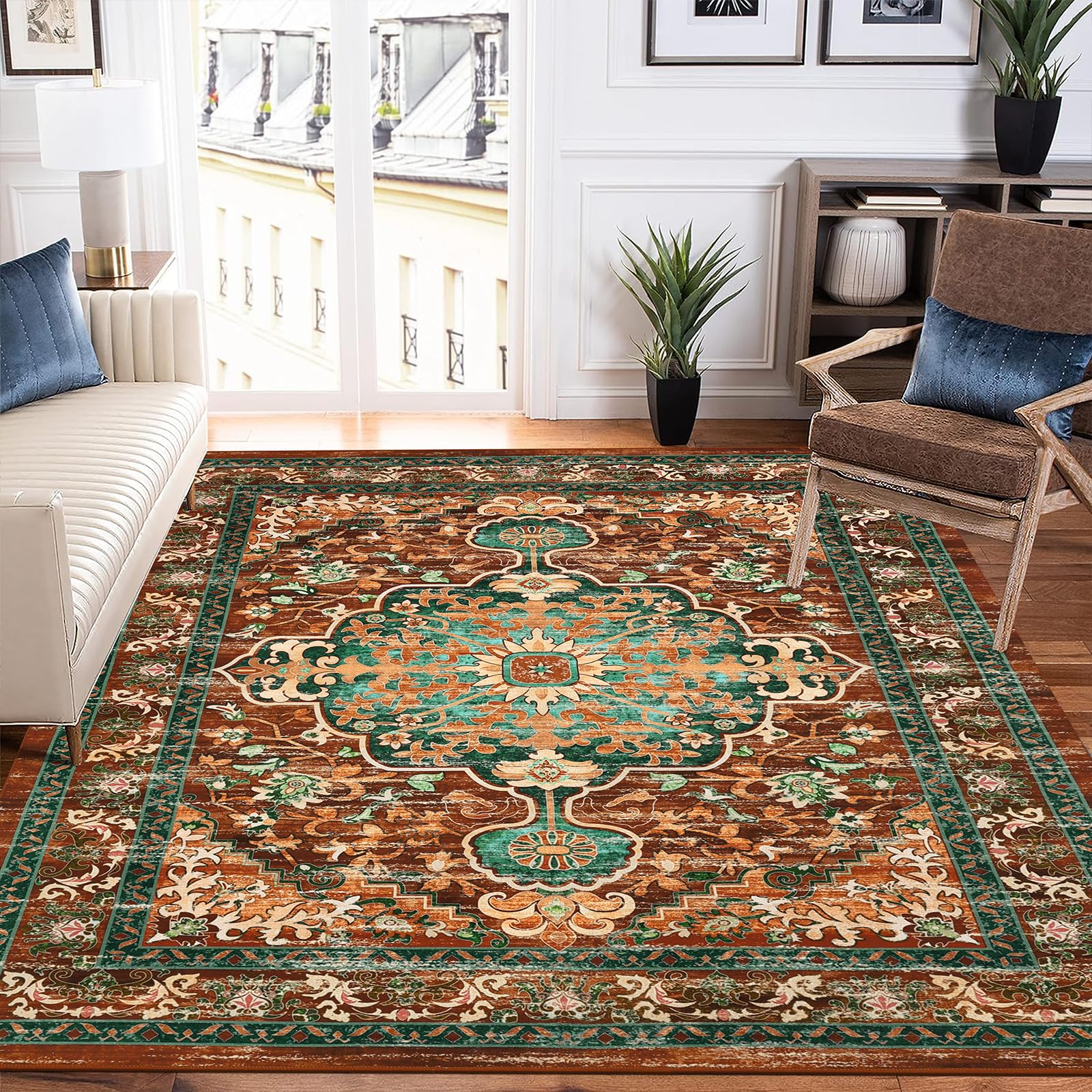 U'Artlines Boho-Teppich Rund, 2,4 M – Maschinenwaschbar, Rutschfest, Mit Floralem Muster