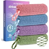 4 Pack Authentic African Net Sponge, Exfoliating Washcloth, Back Scrubber | 45" Stretch, Quick-Dry Mesh &amp; Ribbon Handles, Loofah Alternative for Bath &amp; Travel, Pink, Blue, Purple &amp; Green