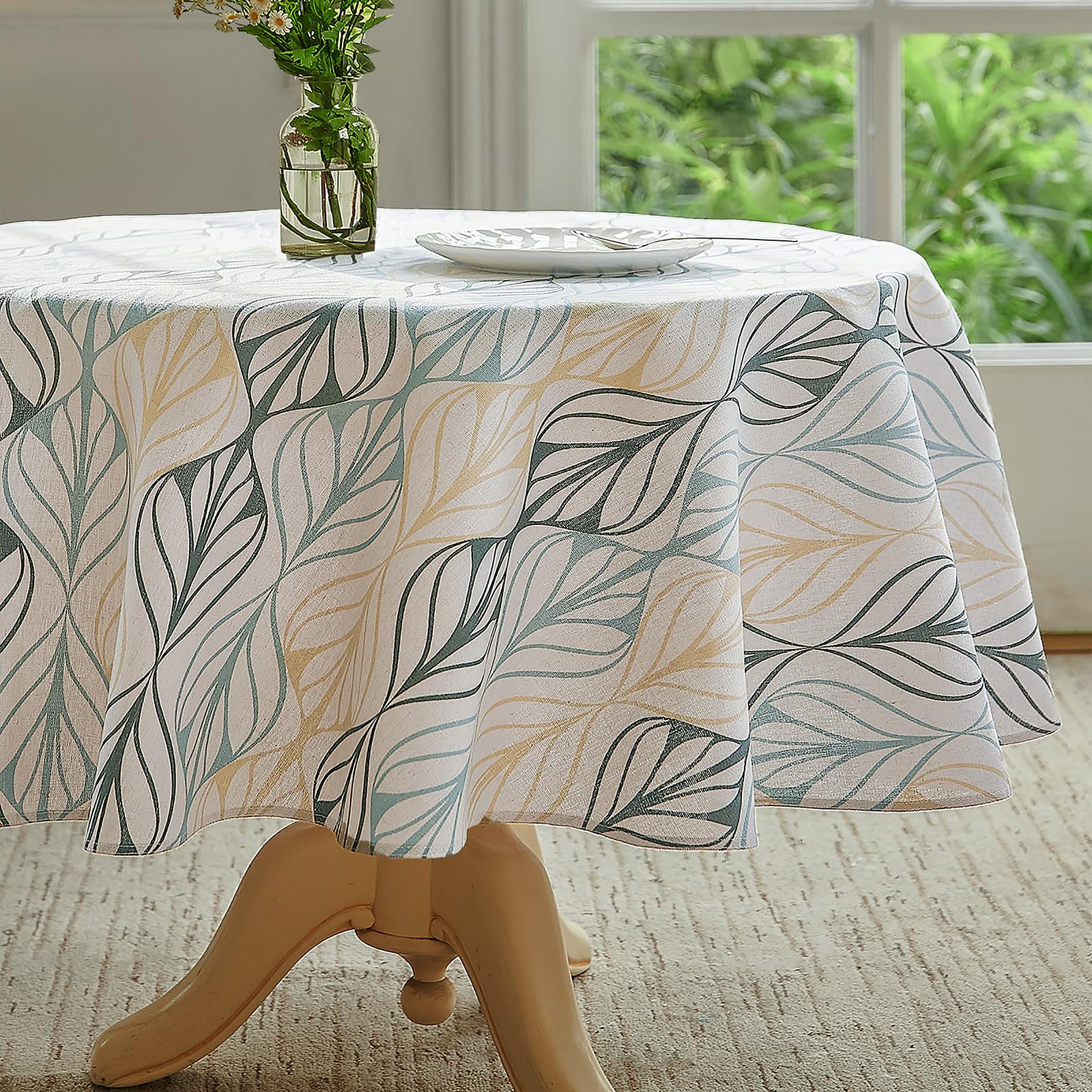 Wracra Stripe Leaves Tablecloth Cotton Linen Vintage 120cm Table Cloth Round Indoor Outdoor Table Cover Suitable for Party,Picnic,Dining,Garden(Round 120cm)