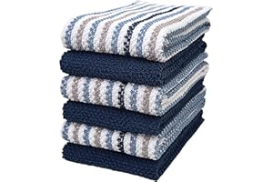 BUMBLE TOWELS Premium Kitchen Towels (16”x 26”, 6 Pack) | Large Cotton Kitchen Hand Towels | Popcorn Striped Design | Dish Towels | 430 GSM Highly Absorbent Tea Towels Set with Hanging Loop | Blue