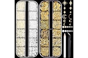 RODAKY 2 Boxes Gold Nail Charms and Flatback Pearls,Star Charms for Nails Design Star Moon Mix Size Metal Studs Nail Gems Charms,White & Beige Half Pearl for Nail Jewelry DIY Nail Art Decor