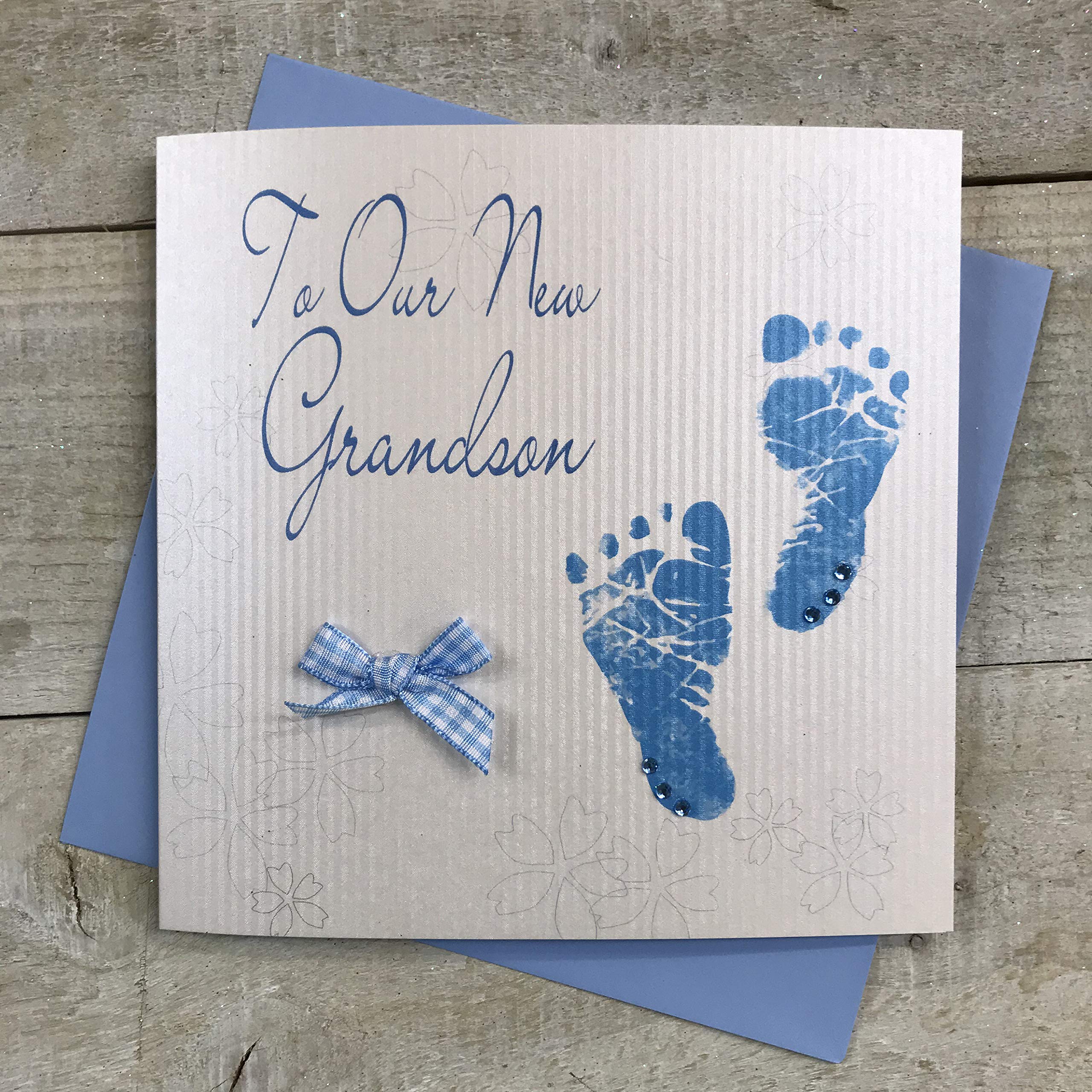 WHITE COTTON CARDS To Our New Grandson Handmade Card Blue Feet, WS38,16cm x 16cm
