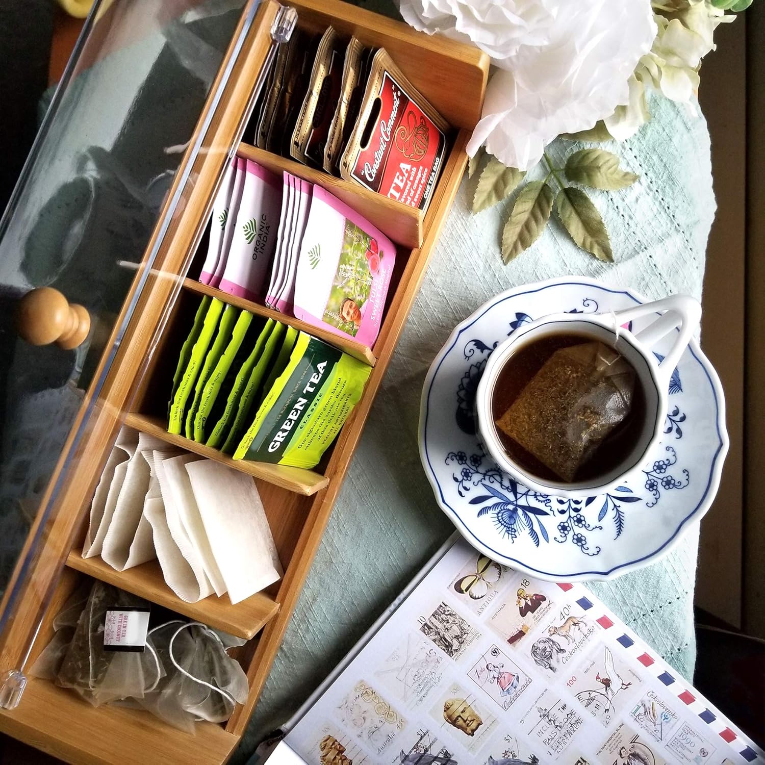 Lipper International 8187 Bamboo Wood and Acrylic Tea Box with 5 Sections, 14" x 5" x 3-3/4": Home & Kitchen