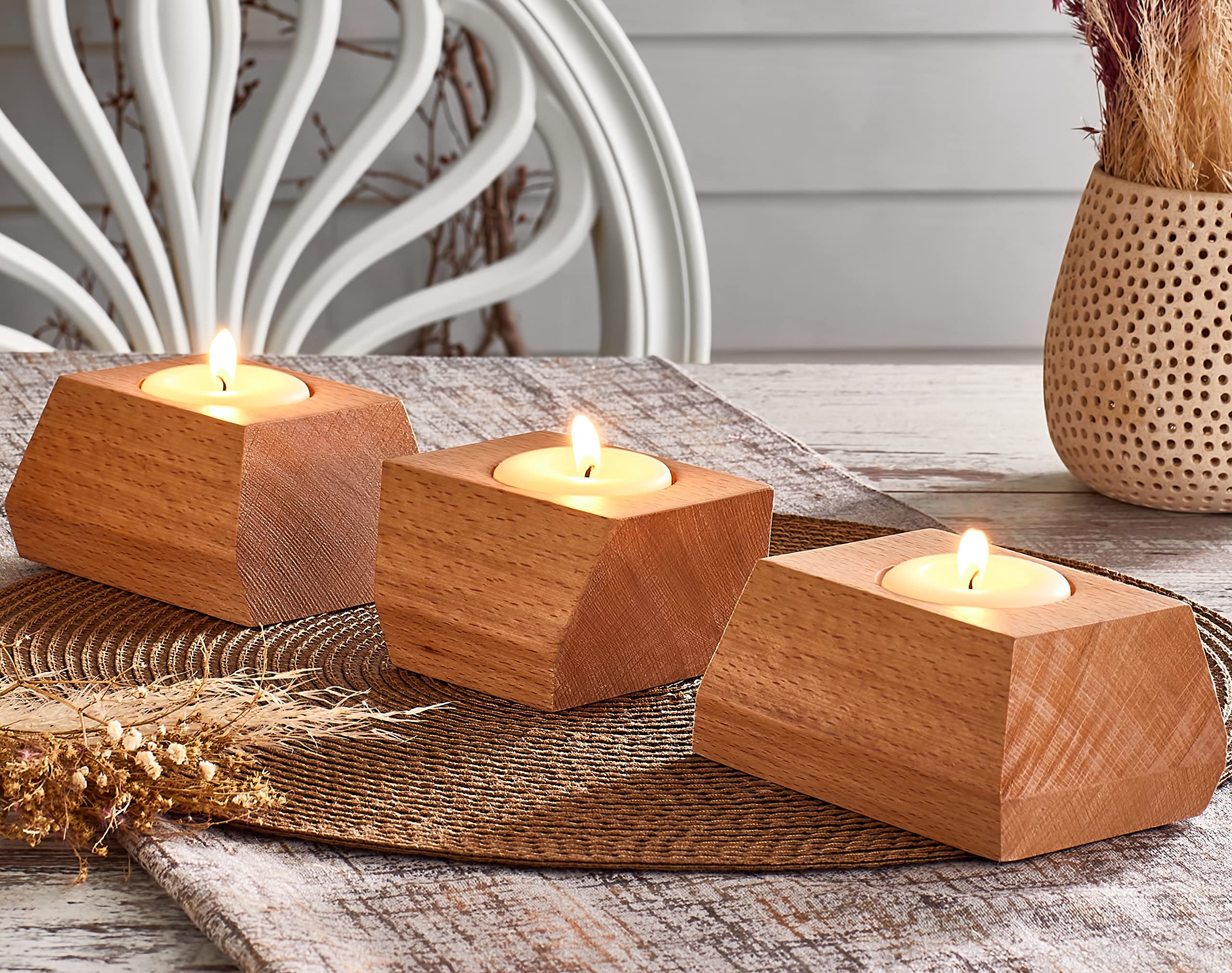 Woodpeckers London Vintage Wooden Ø5.5cm Votive Candle Holders Set of 3 for Living Room | Tea Light Candle Holder Centerpiece for Home Decor Accessories