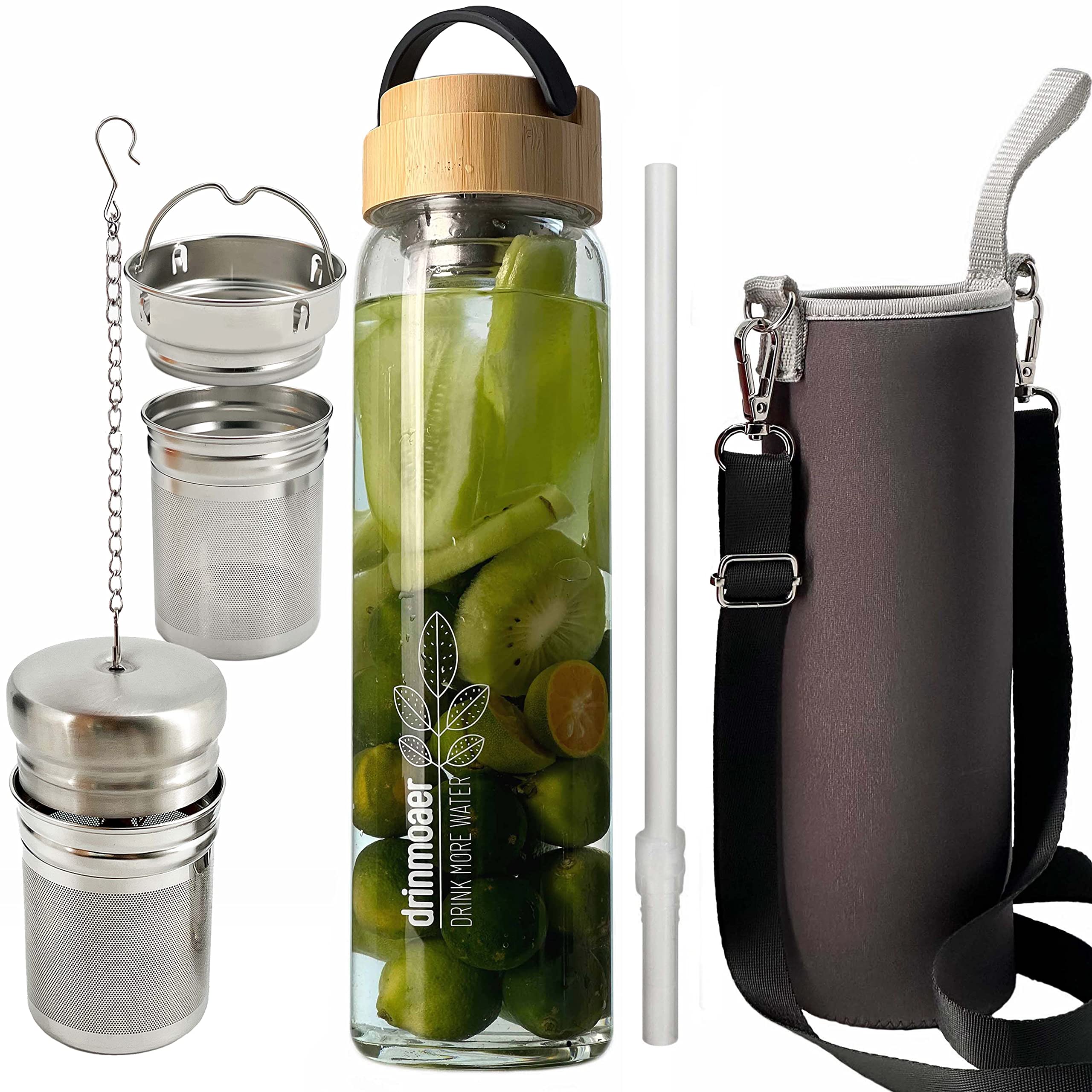 drinmoaer 1L Borosilicate Glass Water Bottle with Bamboo Lid and 2 Tea Infuser Sets for Fruit Infused Water and Cold Brew Coffee - Glass Travel Tumbler with Strainer for Loose Leaf Tea (Original)