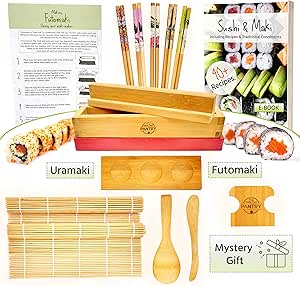 Sushi and Maki Making Kit - With Sushi Rolling Mat, Bamboo Maki Mold and Japanese Sauce Tray. Plus Chopsticks and Spreader Paddles. The Perfect Gift Set for Sushi Lovers.