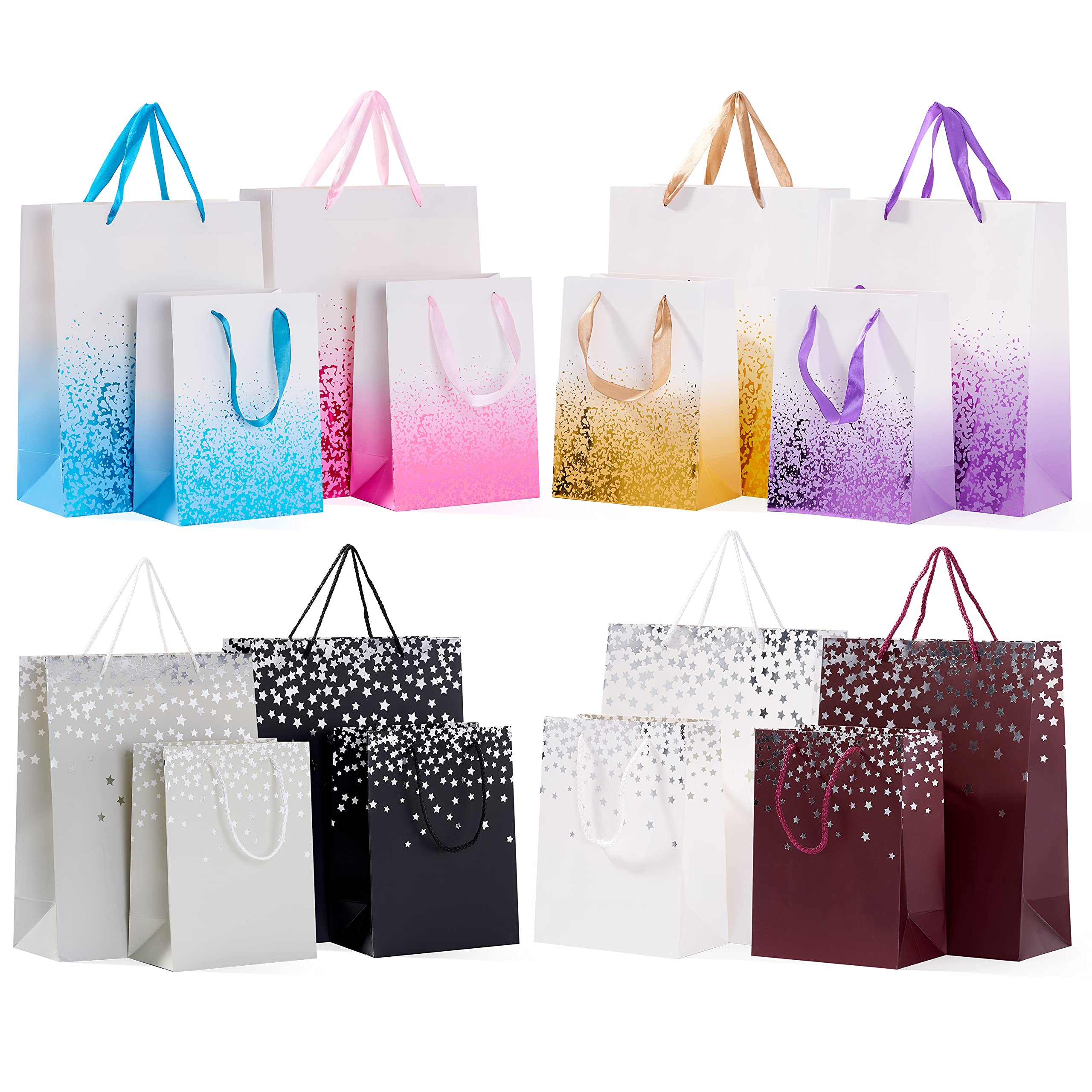 THE TWIDDLERS 16 Colourful Bags with Ribbon Handles for Xmas, Birthday Party Present, All Occasions - Assorted Colours, 2 Sizes, 8 Each 18cm x 23cm, 32cm x 26cm