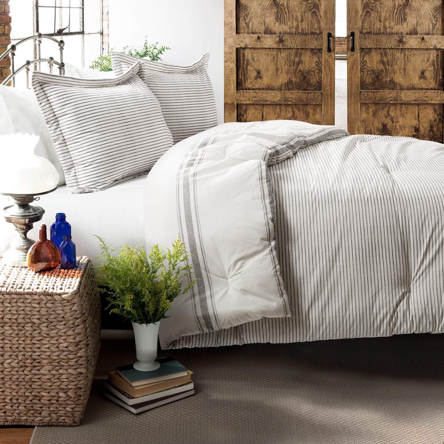 Lush Decor, Gray Comforter Farmhouse Stripe 3 Piece Reversible Bedding Set, Full Queen: Home & Kitchen