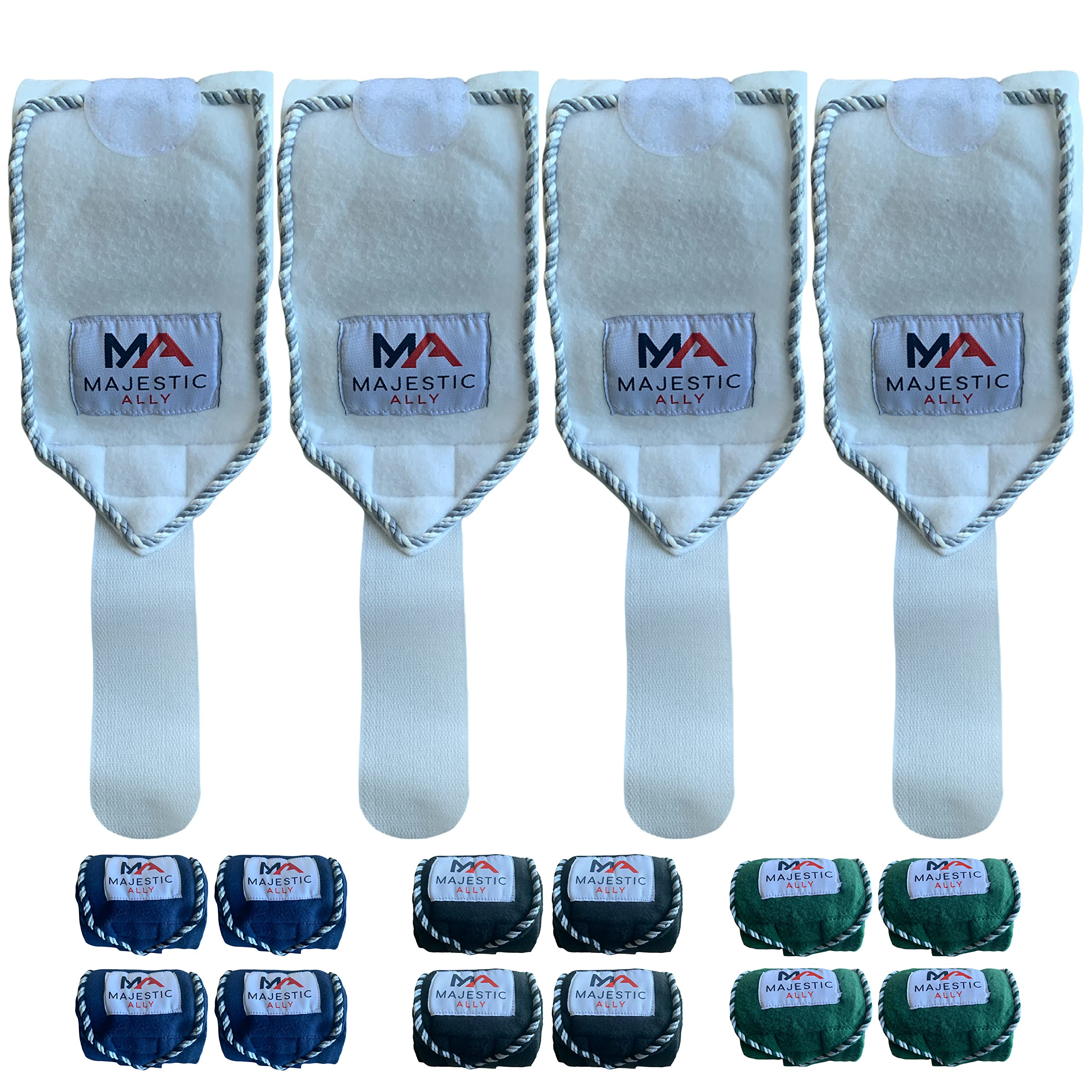 Majestic Ally Fleece Polo Leg Wraps with Braided Rope for Horses - Set of 4-5" X 10' (White)