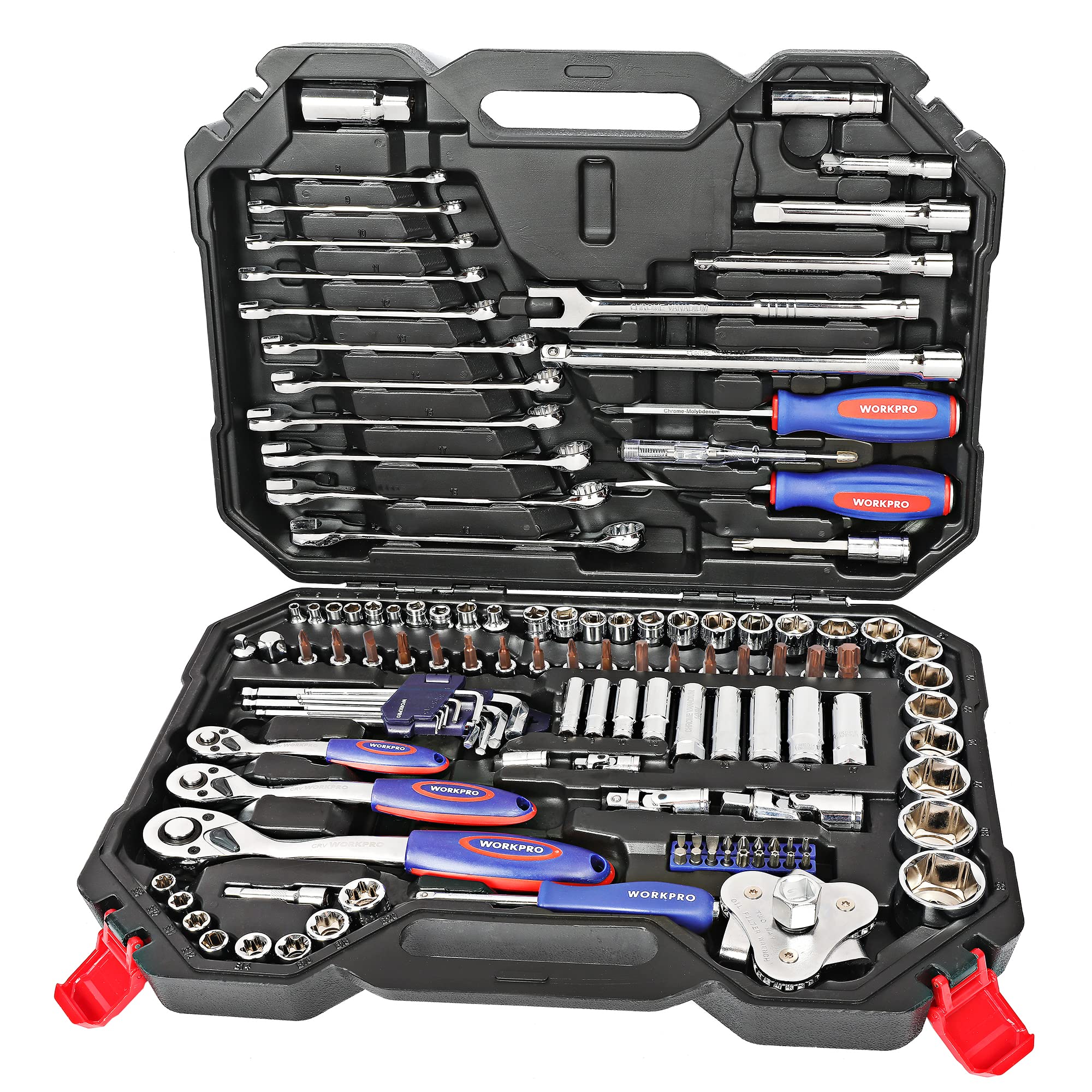 WORKPRO 123-Piece Drive Socket Set, 1/2", 1/4", 3/8" CR-V Mechanic Tool Set with Quick-Release Ratchet Wrench, Spanners, Bit Set, Hex Keys for Car and Home Repair
