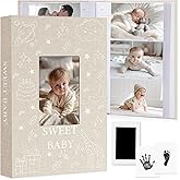 EARLY MINDS Baby Photo Album 4x6 300 Pockets with Memo Area & Hand and Footprint Kit, Linen Cover Slip-in Memory Book with Front Window, Acid-Free Keepsake for Newborn Boy Girl, First Year Moments
