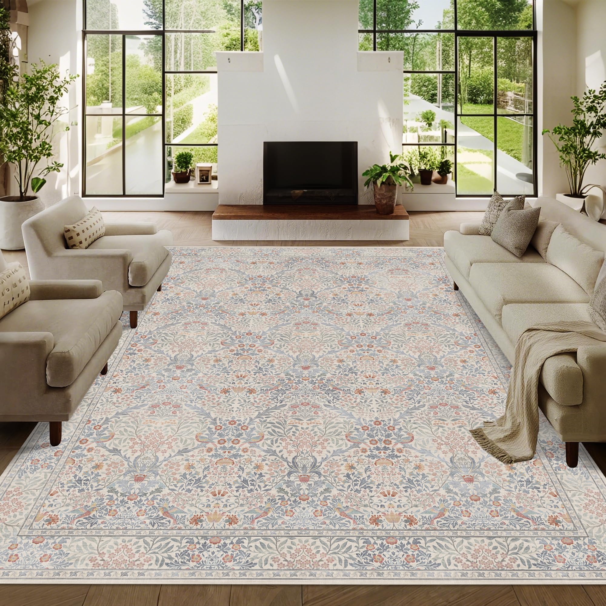 Photo 1 of 9x12 Floral Washable Area Rugs for Living Room, Vintage Boho Large Rug for Bedroom Dining Room? Distressed Botanical Birds Non Slip Low Pile Forest Animal Throw Carpet for Farmhouse Office, Beige Blue