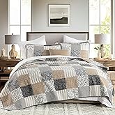 PANGUSHAN 100% Cotton King Quilt Bedding Set, Quilt King Size, Floral Patchwork Quilted Bedspread, Lightweight Comforter King Bed Spread for All Season, 3pcs, Brown/Gray