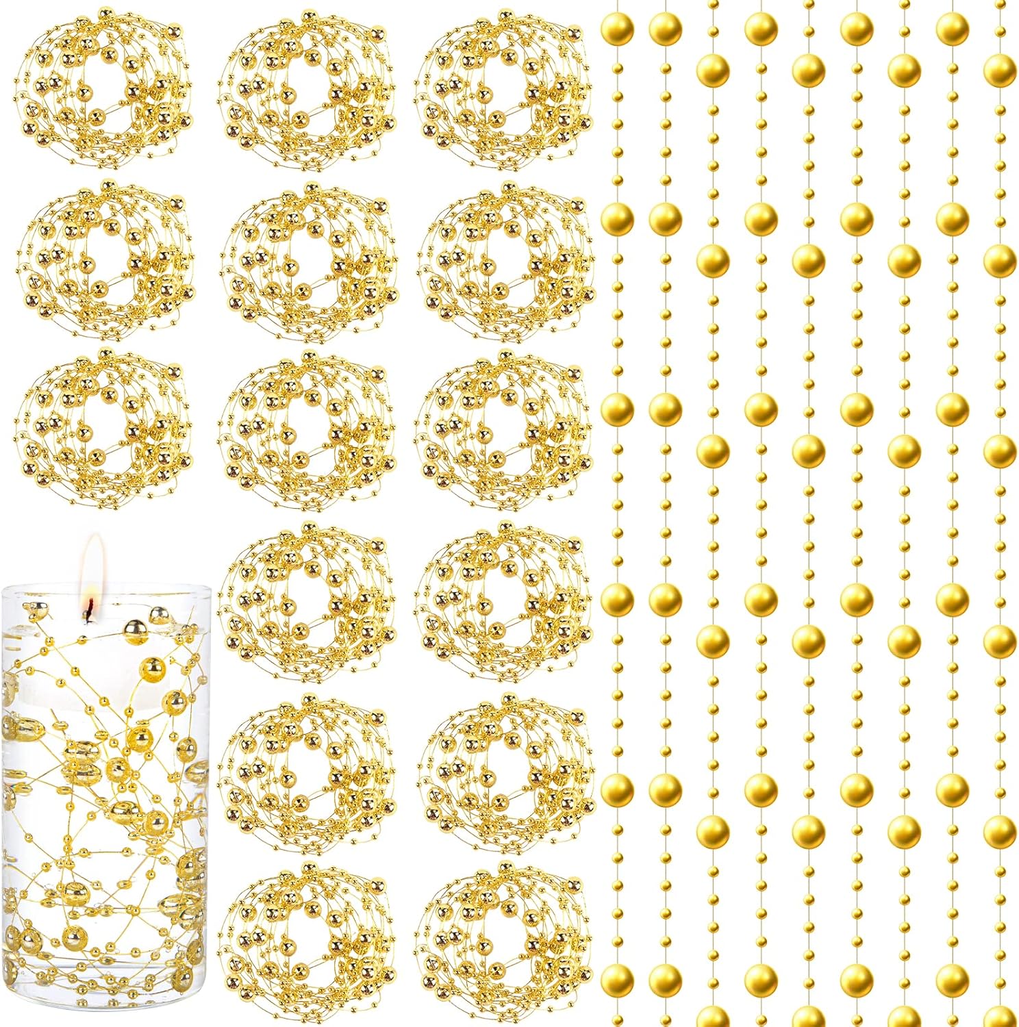 Vase Fillers - DomeStar 36 Pcs Artifical Gold Pearl String for Floating Candle,Floating Faux String Pearls Beads for Vases Filler Centerpiece Christmas Wedding DIY Crafts Party Decor