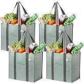 VENO 4 Pack Reusable Grocery Bags, Heavy-Duty Shopping Bags with Handles, Bags for Shopping Cart with Hard Bottom to Stand Upright, Foldable, Multi-Purpose(Light Green, 4 Pack)