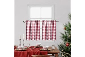 BAPAWFISH Red and White Christmas Tier Kitchen Curtains 36 Inches Long,Burgundy Buffalo Plaid Gingham Rod Pocket Window Treatment Set Half Window Cafe Curtains for Kitchen Bathroom,28"x36",Red/White,Set of 2