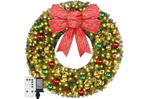 VUSKLY 48inch Large Outdoor Christmas Wreath with Lights 200 Led, Bow, Berries, Pine Cones, Ornaments Balls - 512 Tips Artificial Prelit Christmas Wreath Indoor Outdoor Xmas Wreath for Garages Wall Mantel
