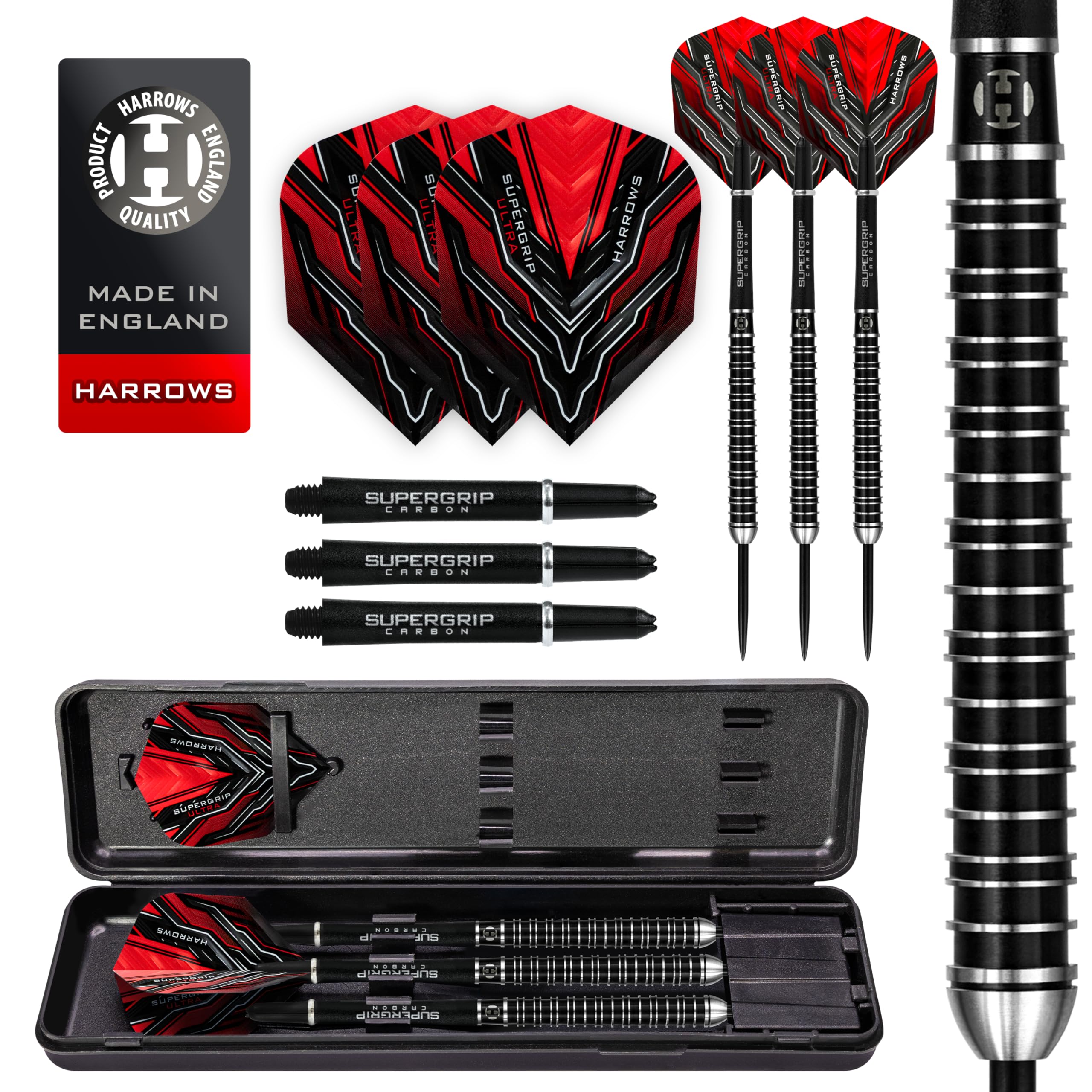 Harrows SUPERGRIP ULTRA 90% Tungsten Steel Tip Darts Set. Available in 21g, 22g, 23g, 24g, 25g, 26g, 28g & 30g - Includes Supergrip Carbon Shafts, Supergrip Flights & Travel Case (28g)