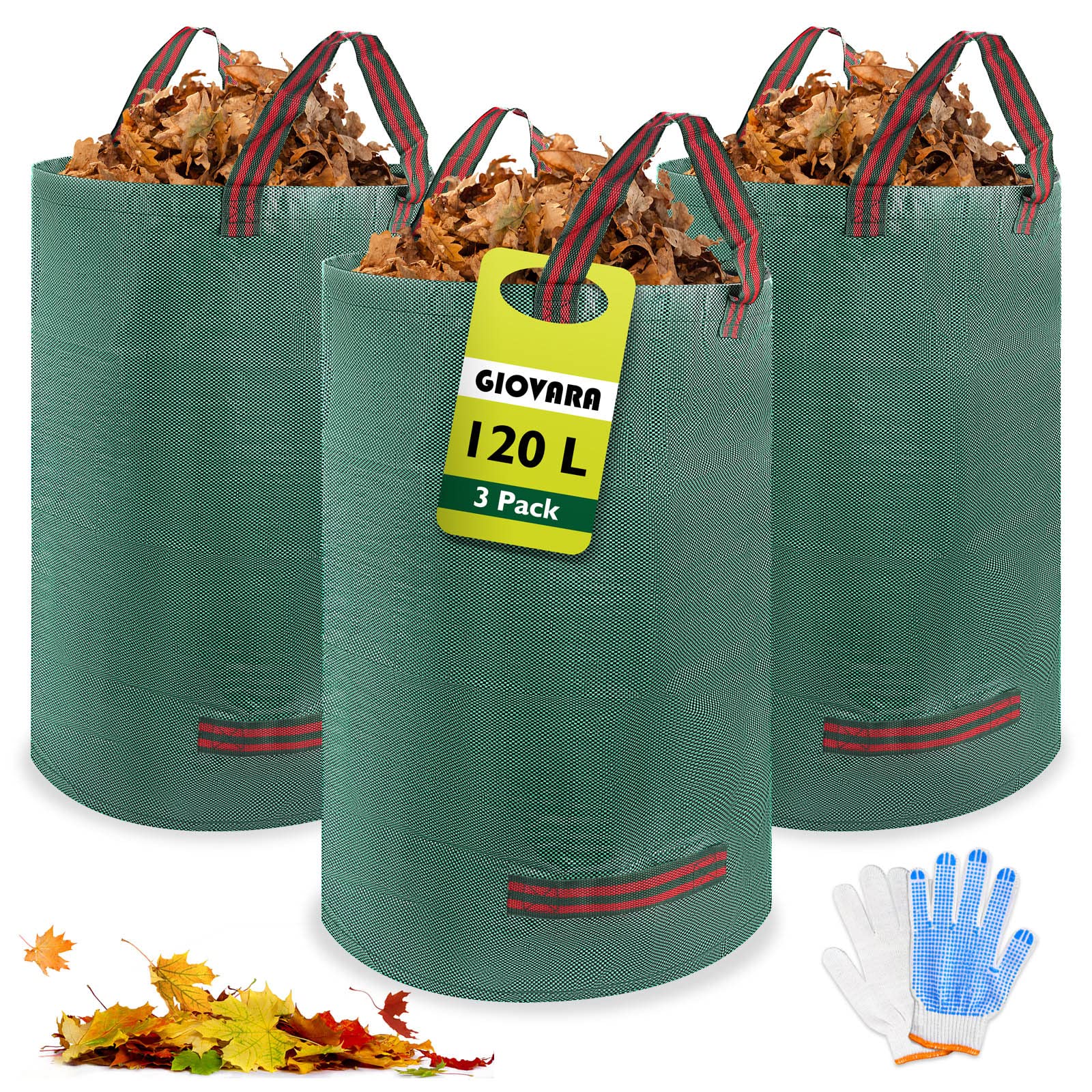 GIOVARA Heavy Duty Garden Waste Bags 120L x 3 Reinforced Reusable Sacks with Handles, Tear-Resistant Garden Storage Bags for Grass Clippings, Leaves, Green Waste