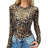 FEMLE Womens Leopard Rhinestone Mesh Crop Top Sparkly Cheetah Sheer Cropped Tank Tops See Through Party Club Concert Top