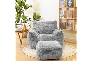 Cvortll Bean Bag Chair with Ottoman, Armrest Bean Bag Chairs with Filler, Ultra Soft Fluffy Faux Fur Bean Bag Chair with Foot Rest, Plush Lazy Sofa with Foot Stool for Living Room, Dorm