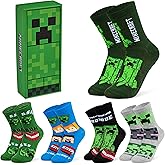 Minecraft Boys Calf Length Socks, Size 6&ndash;14 Yrs, 3 or 5 Pack Soft Cozy Sports School Creeper Socks, Gamer Gifts for Boys (Green Rectangle - 5 Pack, 13/4 US, 6-9 Years)