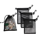 PALTERWEAR Mesh Drawstring Bags with Clip (Pack of 4, Black, 6 x 8 Inch) | Toggle closure, see-through visibility, reinforced piped seams; watersports, gym, beachcombing, shark teeth and shells