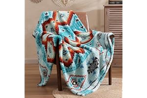 CASAAGUSTO Boho Sherpa Throw Blanket, Aztec Throw, Ultra Soft, Warm, Cozy, Plush, Thick Fleece Bohemian Throw Blanket for Couch, Bed, Sofa (Aqua 50 * 60 Inch)