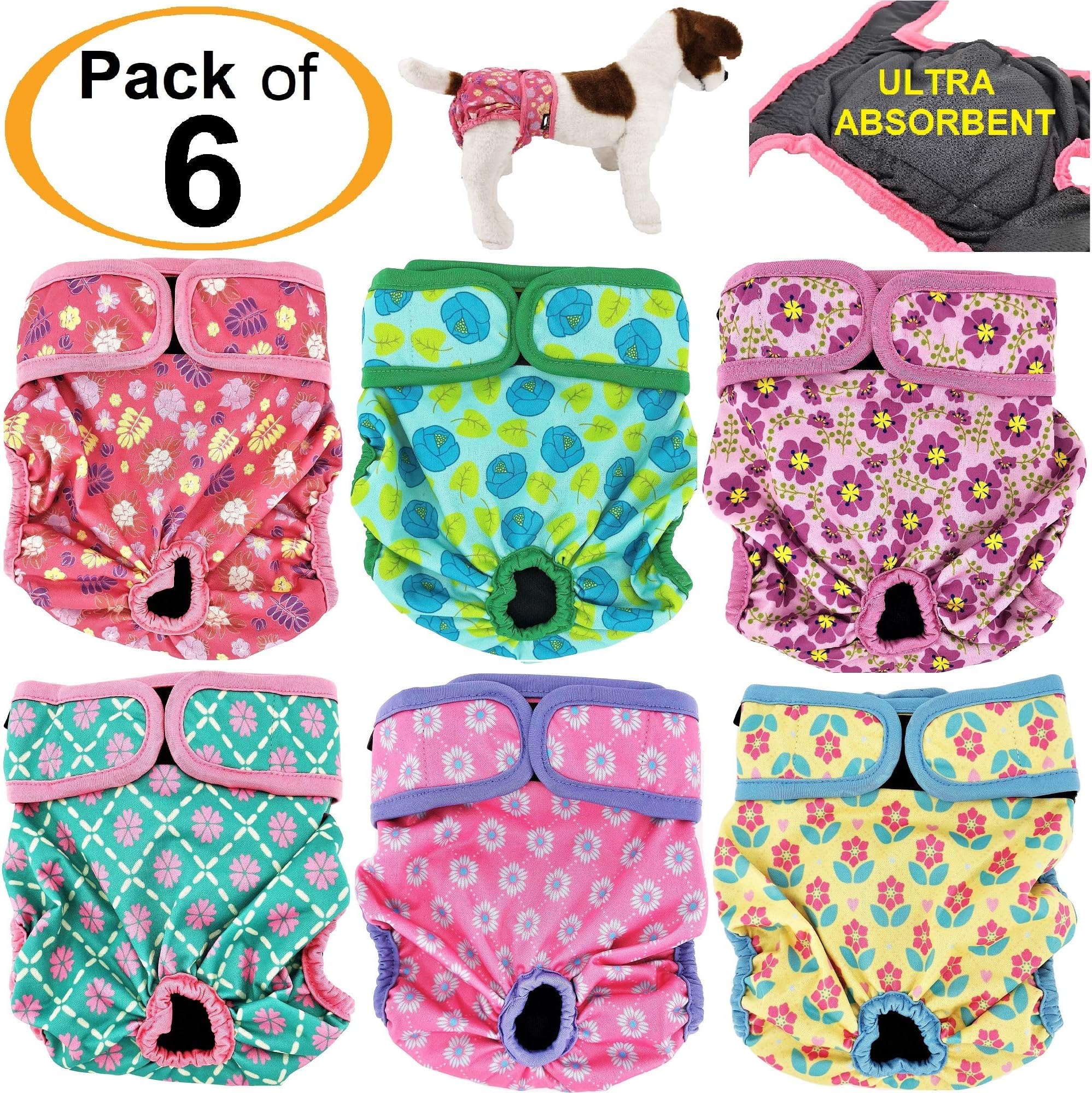 Pack of 6 Female Dog Diapers with 4 - Layers of Absorbent Pads Cat Panties Waterproof Leak Proof Washable (M: Waist 16" - 20", Pack of 6 Patterns)