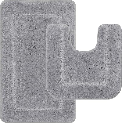 Pauwer Microfiber Soft Bath Mat Set 2 Piece Grey 53x86cm + 50x50cm Non Slip