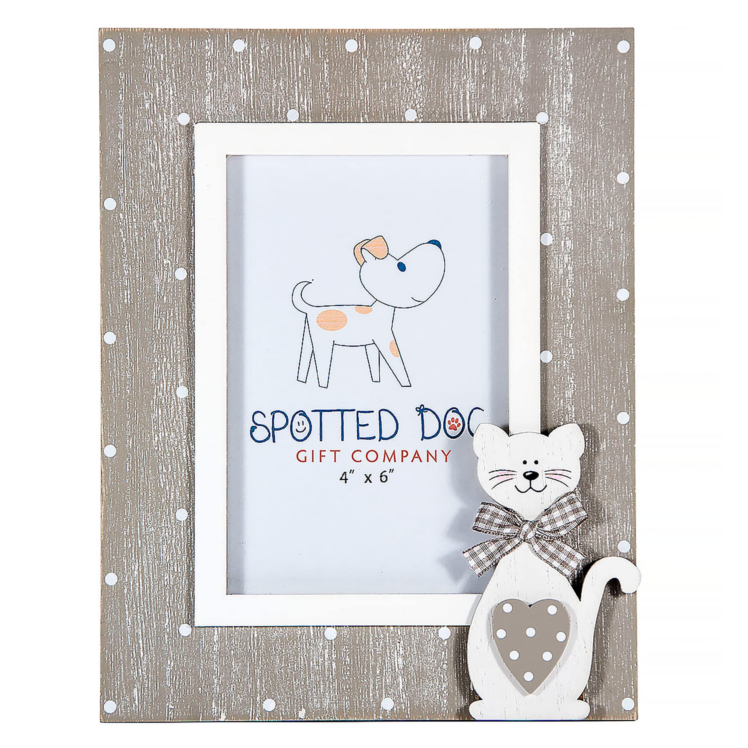 SPOTTED DOG GIFT COMPANY Cat Photo Frame, Wooden 4 x 6 Picture Frame for Wall Hanging or Tabletop Display, Cute Home Room Decor, Gifts for Cat Lovers & Pet Owners, Portrait - White Grey