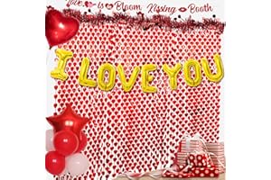 DULUDULU 4 Pack Valentines Day Foil Fringe Curtain with I Love You Balloons, 3.3X6.6Ft Red Heart Red Heart Shape Tinsel Fringe Curtain Valentines Photo Backdrop for Valentines Day Decorations for Party