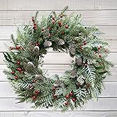 24 Inch Snow Flocked Christmas Wreath with Pine Cones and Red Berries – Artificial Winter Holiday Front Door Wreath for Farmhouse, Xmas, Indoor Outdoor Home Décor