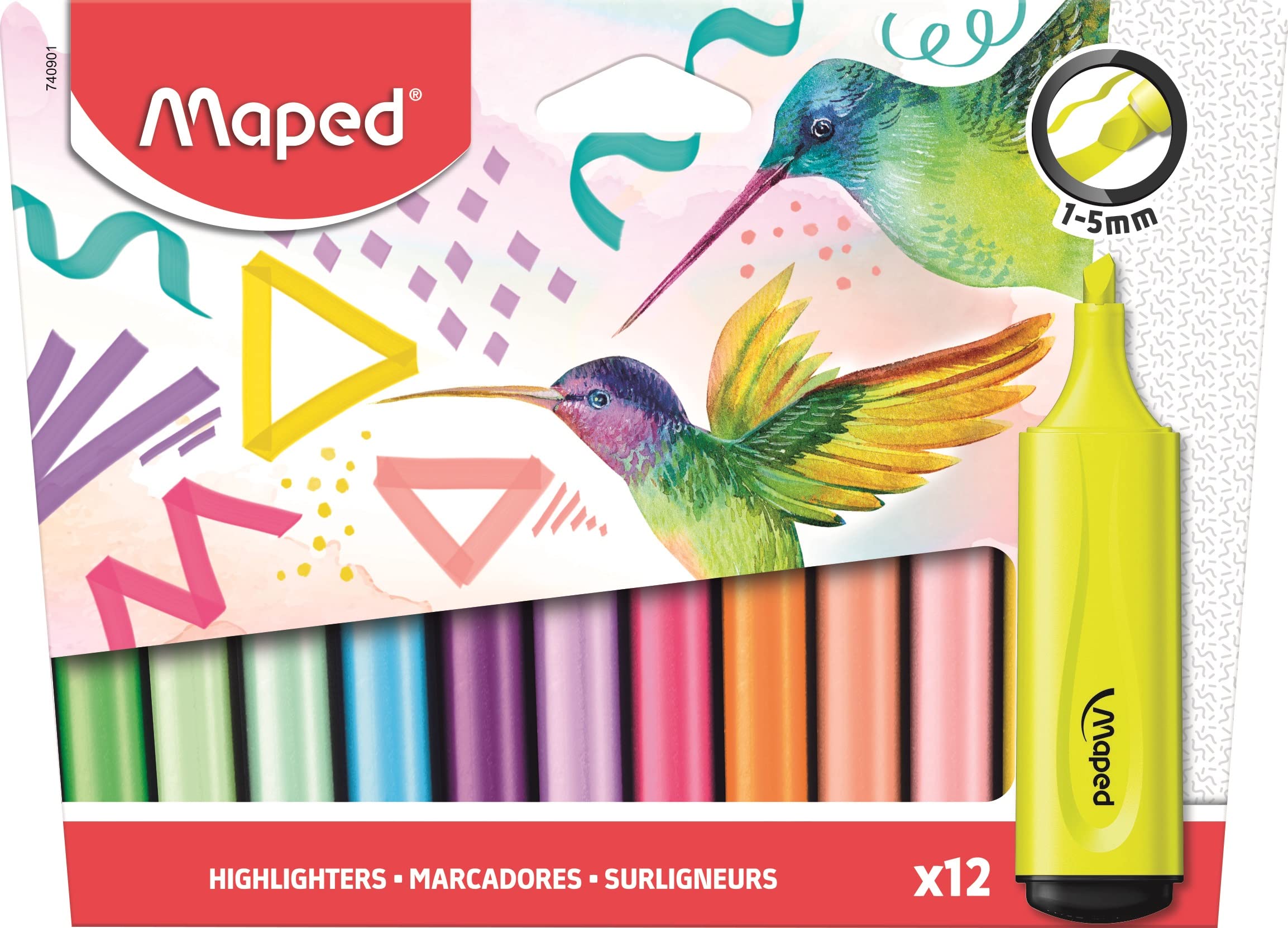 Maped - Extra-soft, flexible highlighters x12 - perfect for calligraphy, journalling, revision notes and office work - assorted pastel shades + fluorescents - bevelled tip: 1-5mm line width