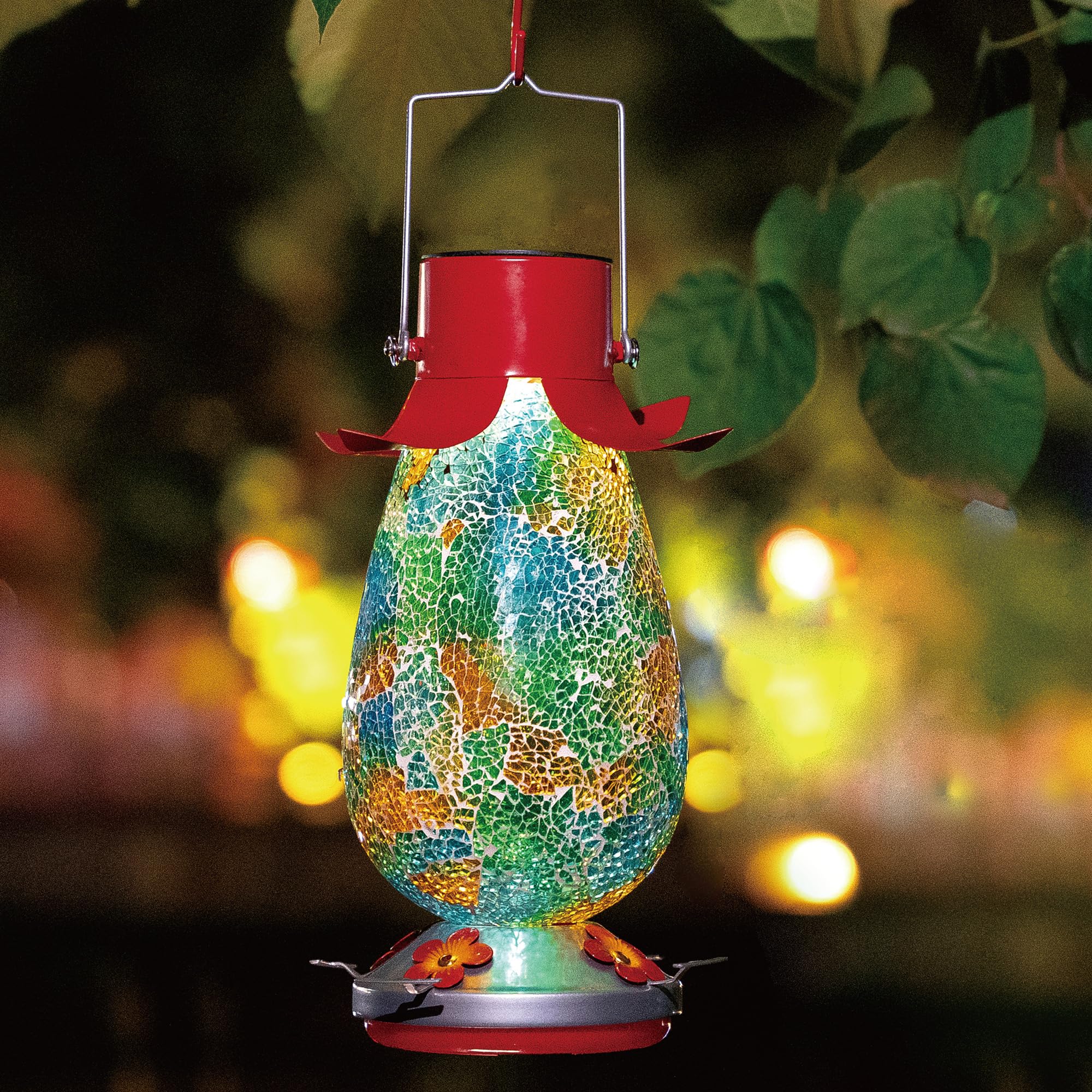 Photo 1 of MKLZ LED Solar Hummingbird Feeder for Outdoors 40 oz, Teal Glass Mosaic Hanging Hummingbird Nectar Bottle with 4 Flower Feeding Stations for Outside, Waterproof Garden Decor Light (Stand Perches)