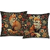 BUJSP William Morris Fox Floral Print Pillow Covers 18x18 Set of 2,Vintage Cottagecore Fox Animal Floral Decorative Throw Pillow Covers for Home Bedroom Living Room