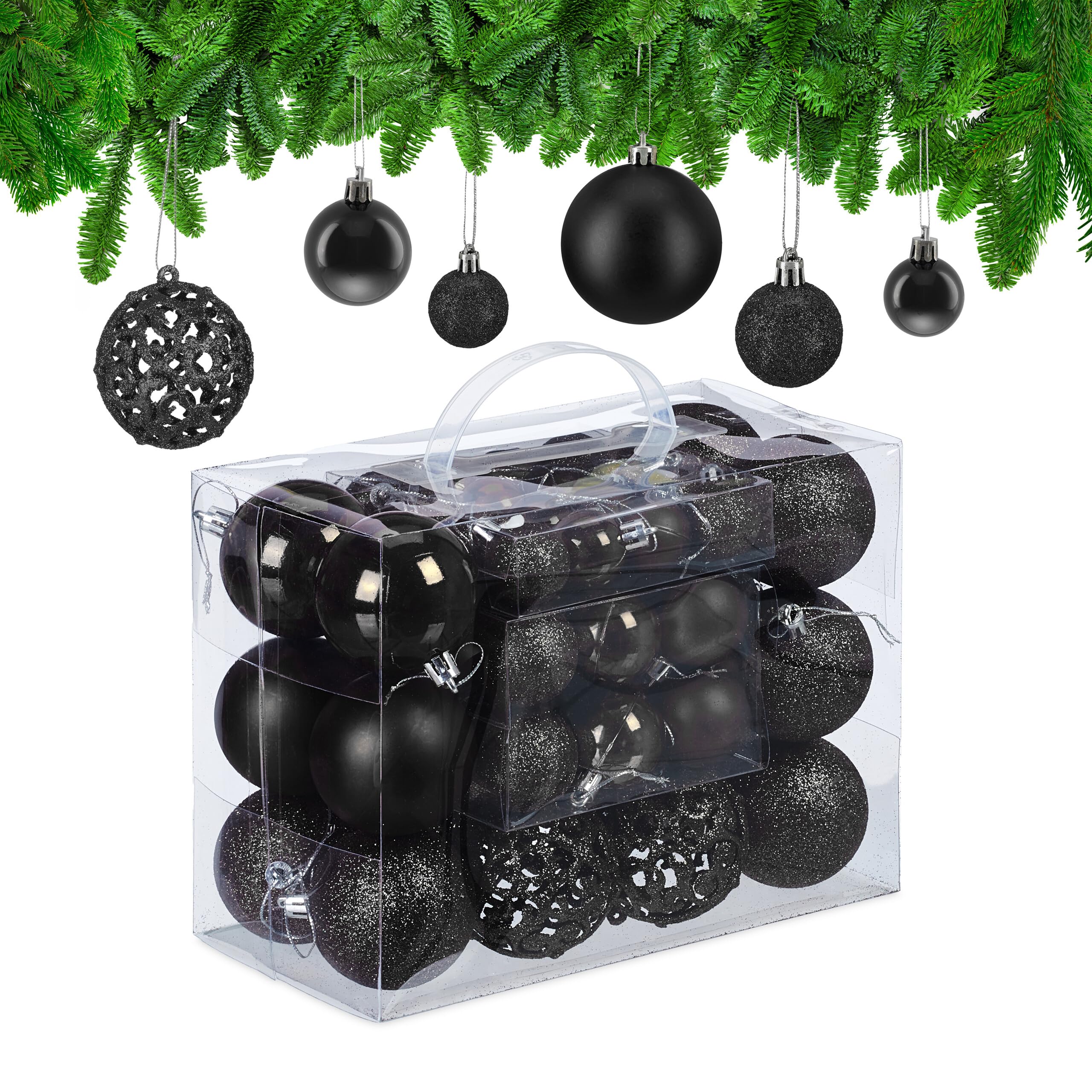 Relaxdays Christmas Bauble Set of 50, Glittery, Matt & Shiny Ornaments, Plastic Xmas Tree Balls, Ø: 3, 4 & 6 cm, Black