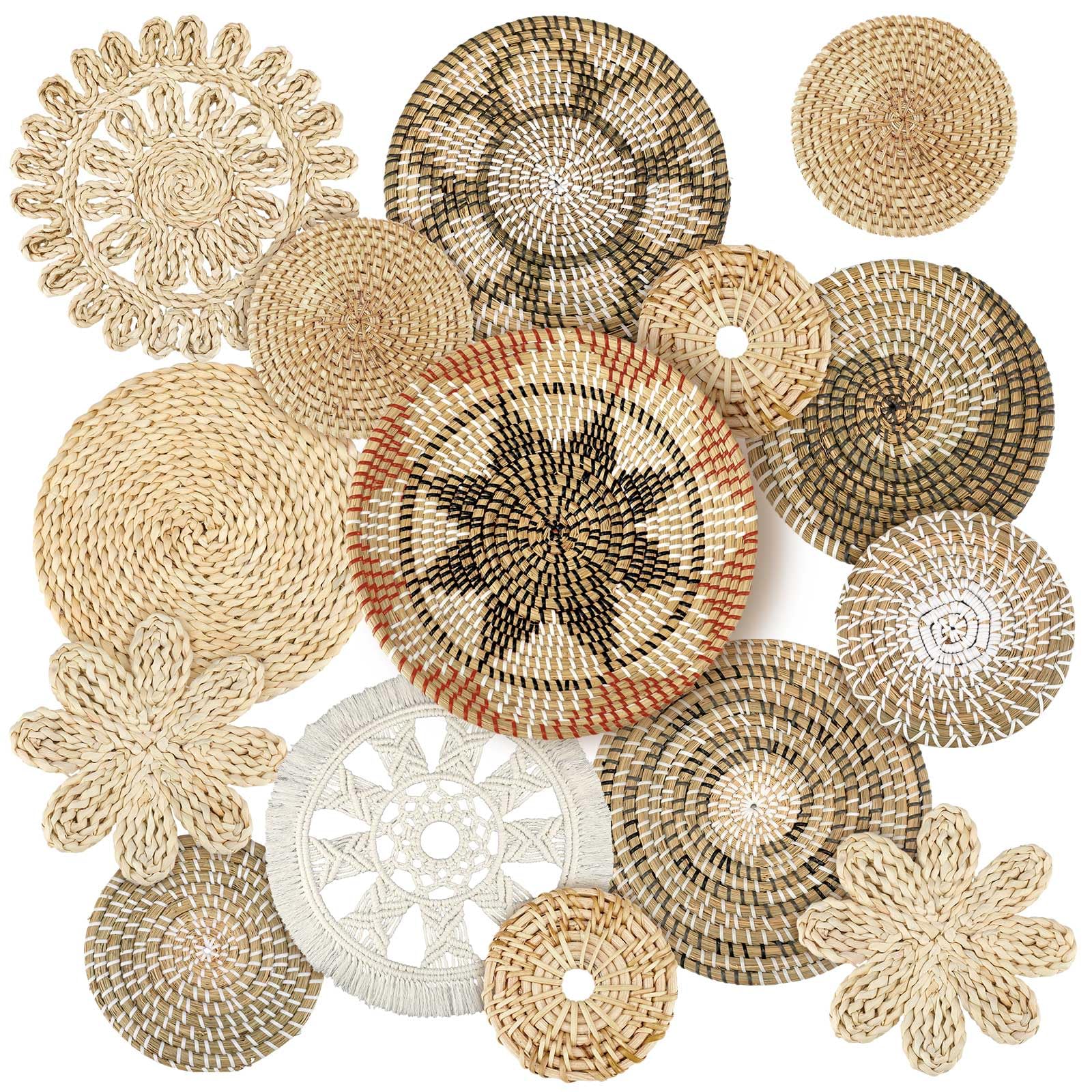 Photo 1 of Xuhal 15 Pcs Boho Wall Basket Decor Handcrafted Seagrass Woven Wall Basket Rustic Round Woven Hanging Art for Home Farmhouse Kitchen Table Living Room(Classic Style)