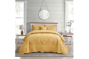 DaisyHuang Botanical Oversized Bedspread Queen Size - Leaves Pattern Stitching Quilt Set - Elegent & Fresh Style Bedding Coverlets, Reversible, Lightweight, 4 Piece, Honey Gold