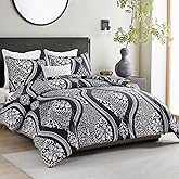 FineStichery Cotton Queen Comforter Set, Navy Vintage Damask Fluffy Comforters Bedding Sets, Lightweight Soft Quilted Warm Bed Comforter for All Season 3 Piece with Pillow Shams